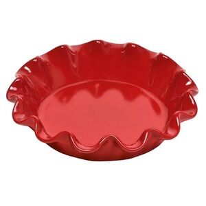 Emile Henry Burgundy Red Glazed Ceramic Stoneware Deep Ruffled Pie Dish